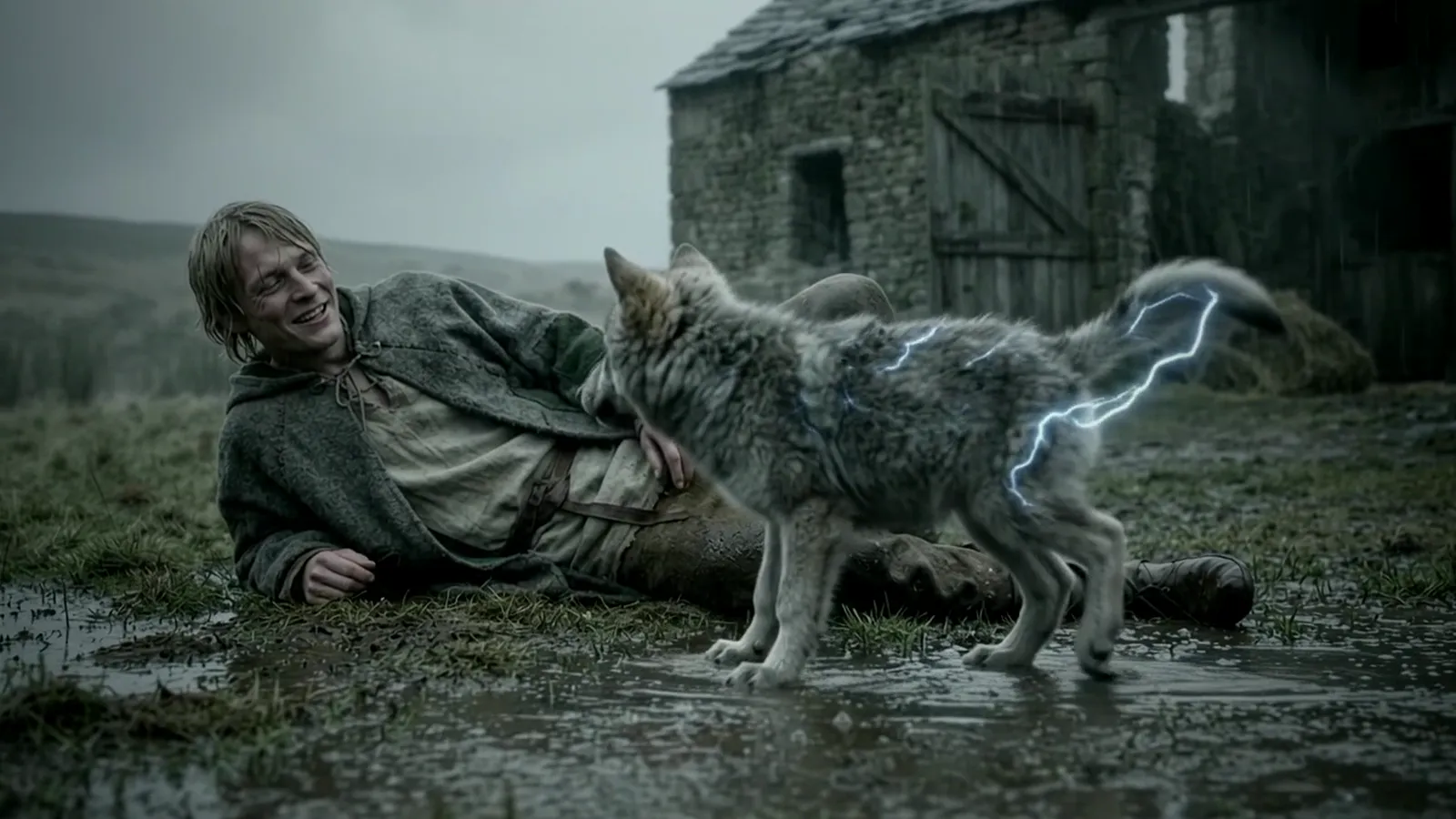 The storm wolf Aska standing guard over Arnvid